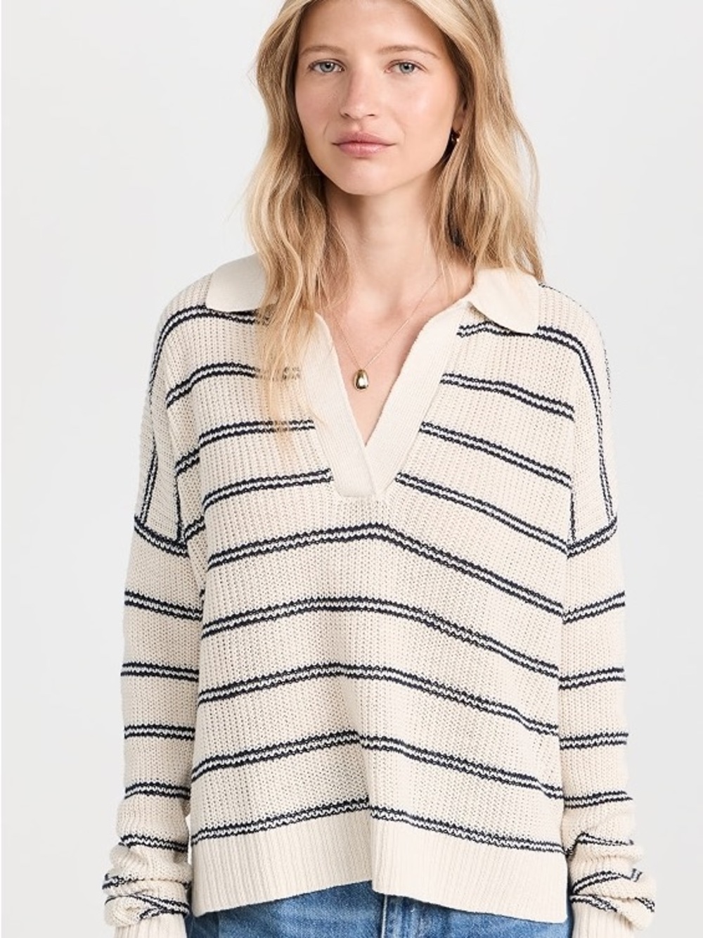 Faherty Miramar Linen Polo Sweater Natural Mystic Stripe Women’s S